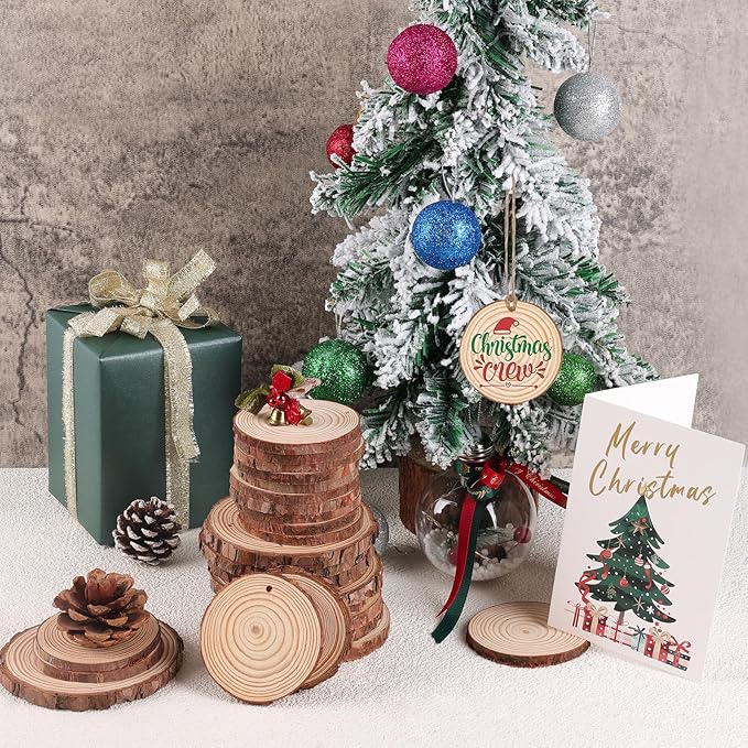 30 Pack Nature Wood Slices for Crafts,3.5-4In Unfinished Natural Wood Rounds.Wood Circles Predrilled with Hole and 20m Rope for Wooden Craft Supplies,Painting,Christmas Ornaments,DIY Gifts