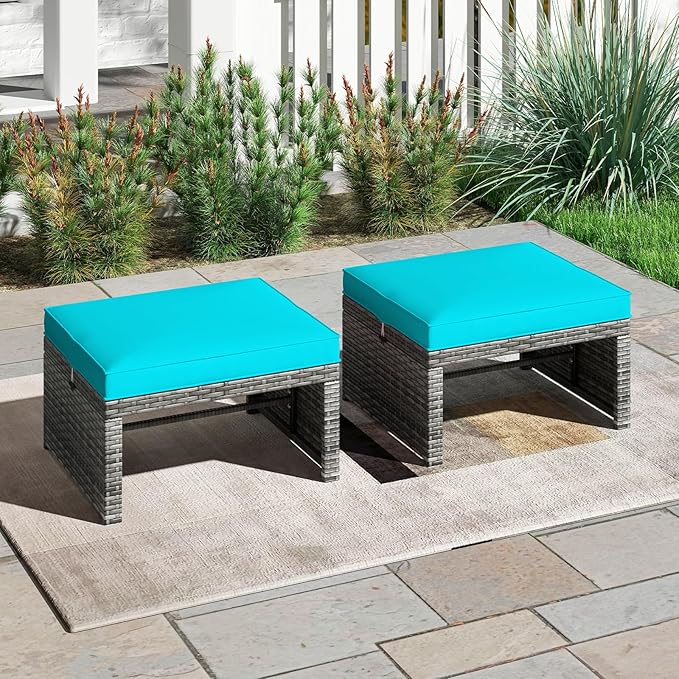 Tangkula 2 Pieces Patio PE Rattan Ottomans, Multipurpose Outdoor Footstool Footrest Additional Seating Side Table with Soft Zippered Cushions for Deck, Garden, and Yard (Turquoise)