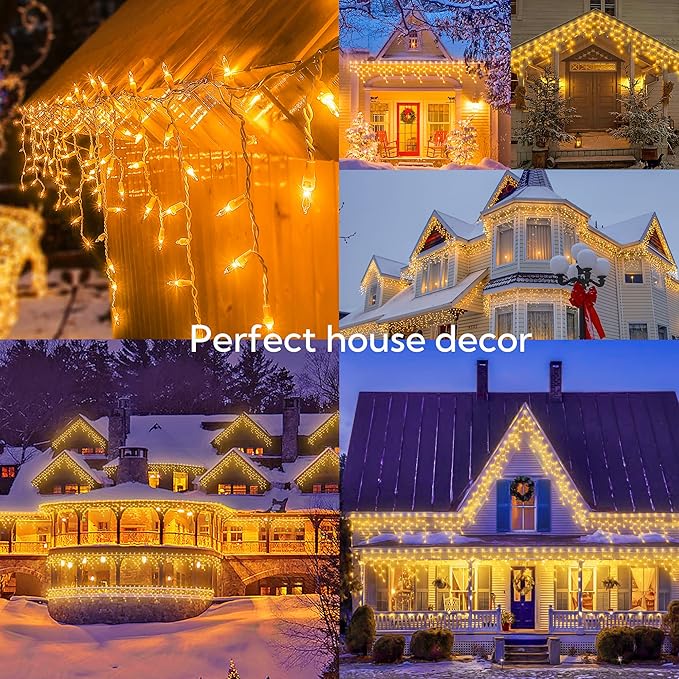 200 Christmas Icicle Lights, Warm White Clear Bulbs with 23FT Long White Wire, Professional Grade String Lights for Indoor & Outdoor,Xmas,Party, Patio, Courtyard, Window, Fence, Trees Decor