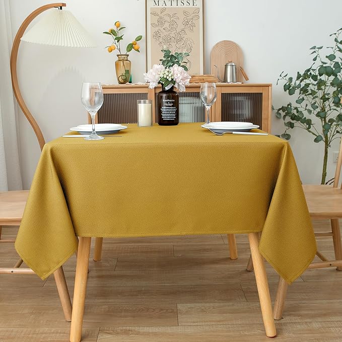 Biscaynebay Textured Fabric Christmas Square Table Cloth 60x60 Inches, Gold Water Resistant Tablecloths for Dining, Kitchen, Wedding and Parties etc. Machine Washable
