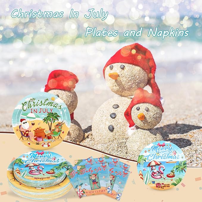 150Pcs Christmas in July Party Decorations Plates Napkins Summer Tropical Hawaiian Christmas Santa Beach Paper Plates for Christmas in July Beach Pool Party Supplies,Serves 50