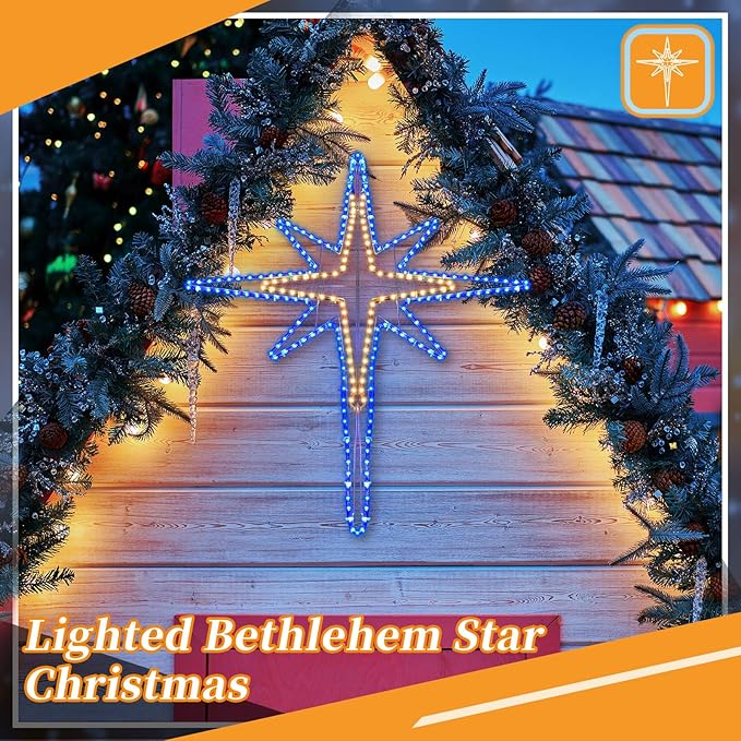 43" Christmas Star of Bethlehem LED Star Hanging Lights Nativity Holy Family Light for Door Window Porch Wall Decoration Plug Operated Lighted Hanging Tree Topper(Warm Light)