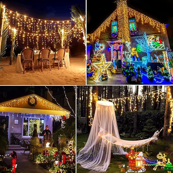 Christmas Lights Outdoor, 33ft 400 LED Warm White Icicle Lights for Outside House, Plug in Connectable Twinkle Tree Light 8 Modes Timer Waterproof for Patio Window Party Indoor Holiday Decorations