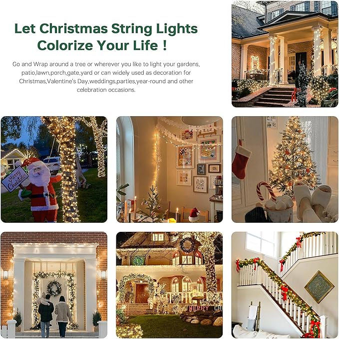 YOUNGAR Christmas Clear Outdoor Lights, 2 Pack 23FT 100 Green Wire Connectable Incandescent Mini UL Approved Tree Light for Xmas Home Patio Holiday Party Garden Decor (Warm White)