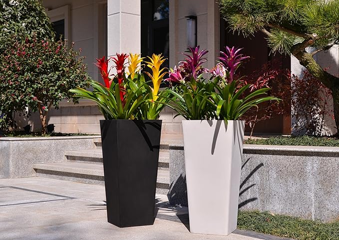 GreenShip 27" Tall Planters, Set of 2 – Black Outdoor Planter for Front Porch & Tall Plants, Weather-Resistant, with Drainage Hole & Rubber Plug (No Plants Included) (White-2pcs)