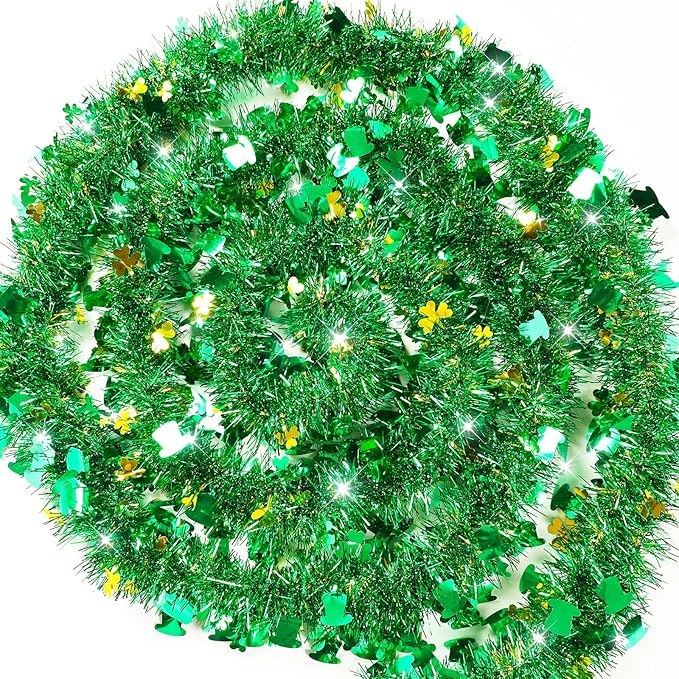 33 FT St Patricks Day Garland with Gold Green Shamrock Hat Tinsel Garland,Shiny Metallic Garlands St Patricks Day Decor for Home Indoor Outdoor St Patricks Party Supplies