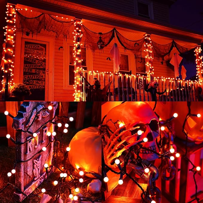 Brizled Orange Halloween Lights, 66ft 200 LED Orange Lights String Connectable, 8 Modes Outdoor Halloween Lights, Berry String Lights with Timer Plugin for Garden Tree Indoor Party