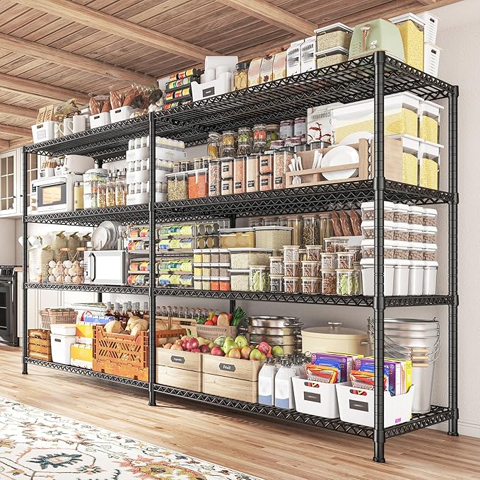 REIBII 81.5''W Storage Shelves 3680LBS Garage Shelving Heavy Duty 4 Tier Metal Shelving Unit Adjustable Wire Shelf and Storage Pantry Shelves for Kitchen Garage,81.5Wx23.62Dx70.86H,Black