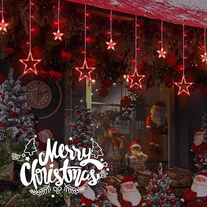 Red Christmas Star Icicle Lights,8.2FT 126LED Curtain String 8 Modes Memory Timer,Connectable Plug in Waterproof for Halloween/Valentine's Day/Patio/Wedding/Party/Xmas Indoor Outdoor Decor,Red
