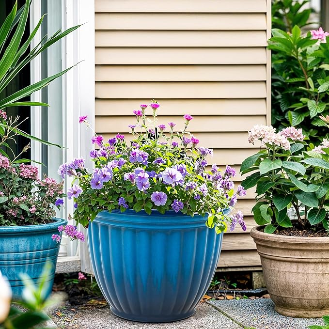 15" H Large Flower Pots, Set of 2 Plastic Planters for Outdoor Plants with Gradient Blue Finish and 3D Textures, Weather-Resistant for Porch, Garden, Patio or Indoor Use