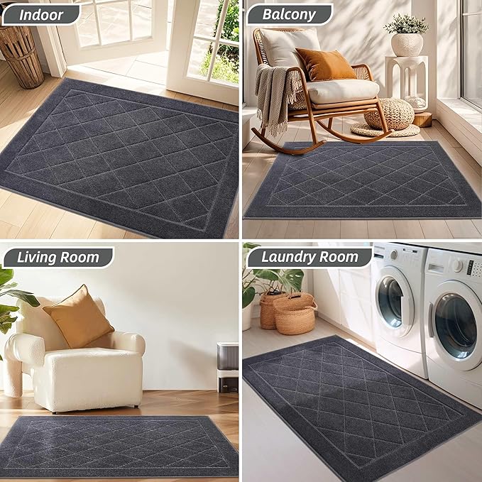 BEQHAUSE Dirt Trapper Door Mat 24" x 36", Doormat Non-Slip Entryway Rugs Washable, Dog Door Mat Stain Resistant and Absorbent Welcome Floor Mat for Front Back Door, Muddy Wet Shoes & Paws, Dark Grey