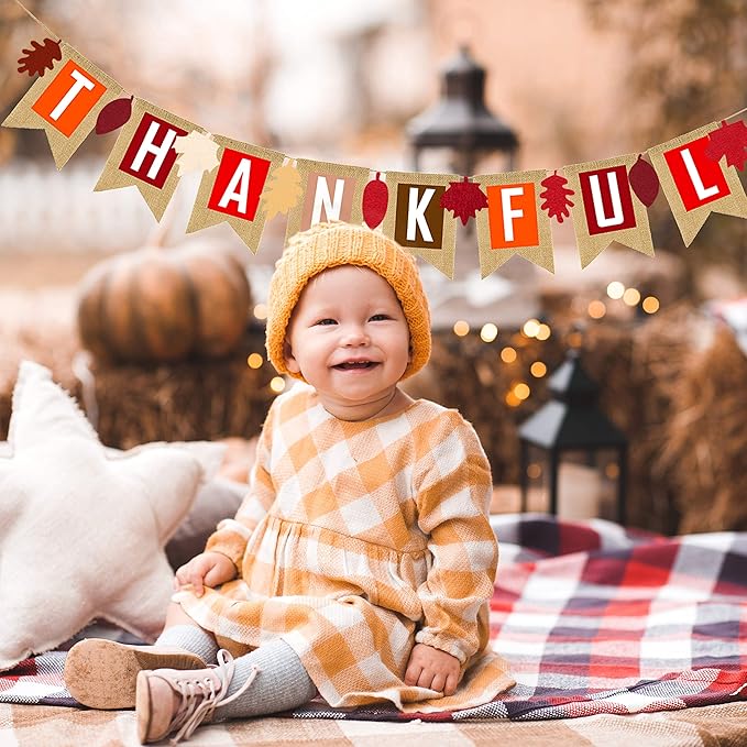 Thankful Burlap Banner Fall Autumn Maple Leaves Rustic Burlap Harvest Banner Mantel Fireplace Wall Hanging for Home Office School Party Decor Thanksgiving Decoration