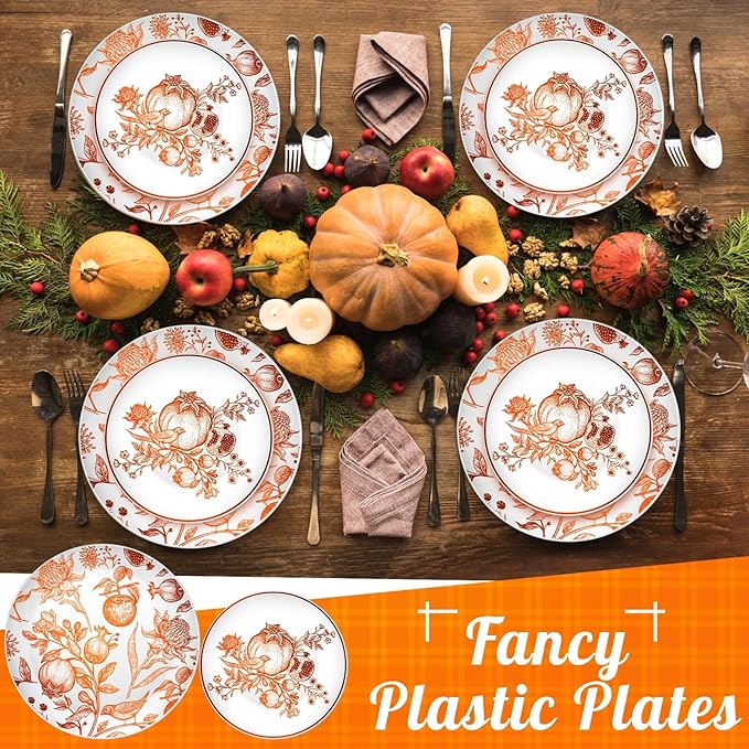 Fall Thanksgiving Disposable Plastic Plates Set for Guests Wildflower Pomegranate Chinoiserie Embossed Vintage Dessert Tableware for Autumn Wedding Party Dinnerware Supplies(80 Pcs)