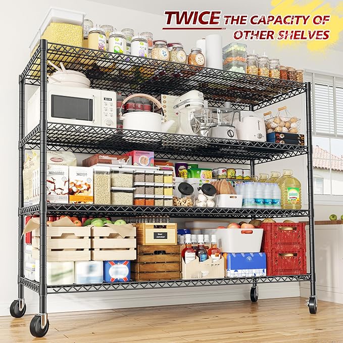 REIBII 75.6" H Storage Shelves Wire Shelving Unit with Wheels 2500LBS Garage Shelving Heavy Duty Metal Shelves for Storage Rack Adjustable Pantry Shelf Commercial Shelving, 75.6" H X 55.5''W X 24" D