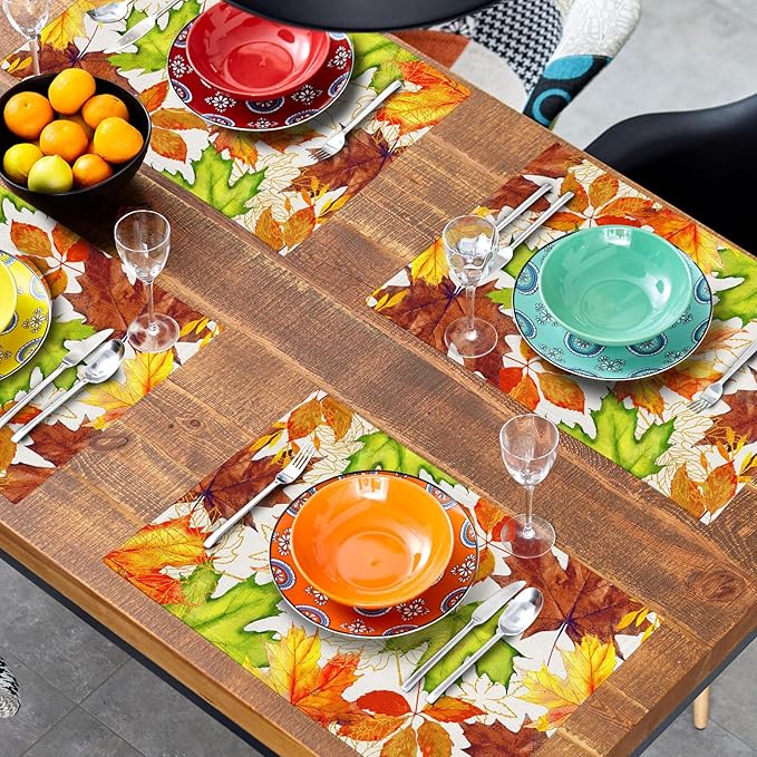 Fall Placemats Set of 4 Autumn Thanksgiving Maple Leaf Place Mats 12x18 Inch Seasonal Rustic Harvest Washable Table Mats for Party Kitchen Dining Decoration