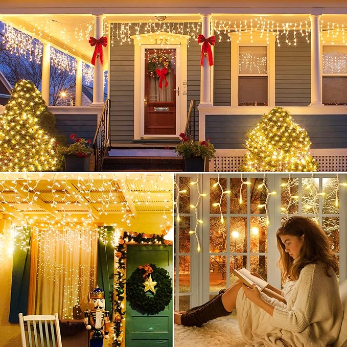 Icicle Lights Outdoor,Oopswow 23FT 200 Connectable Icicle Christmas Lights,Warm White Plug in Curtain String Lights for Indoor Wedding Party Holiday Xmas Yard Patio Window Decorations1