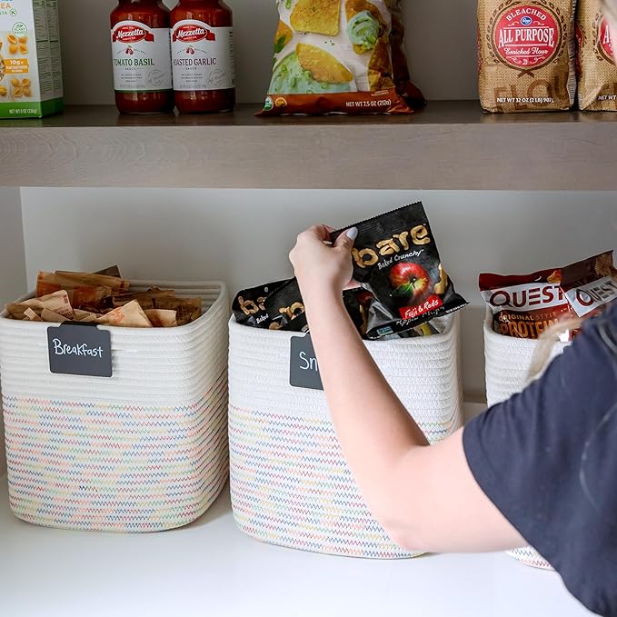 NaturalCozy 13 Inch Cube Storage Bins Cotton Rope Woven Baskets for Organizing 3-Pack | 13 x 13 Storage Cubes | Fabric Square Storage Baskets for Shelves Organizer, Kids Toy Bins, Closet Baby Nursery