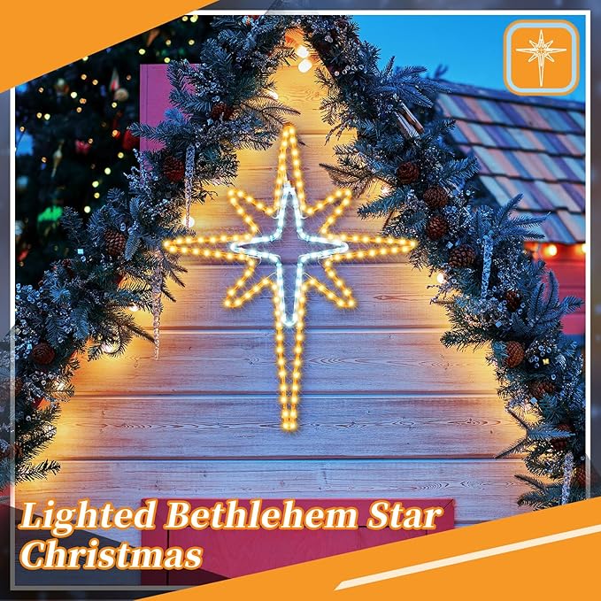 28" Christmas Star of Bethlehem LED Star Hanging Lights Nativity Holy Family Light for Door Window Porch Wall Decoration Plug Operated Lighted Hanging Tree Topper(White, Warm Light)