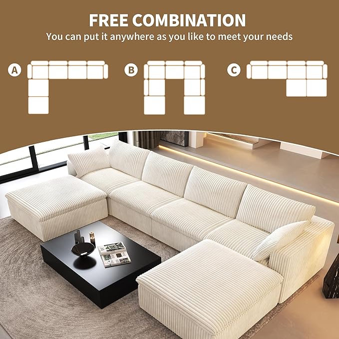 157.5" U Shaped Modern Sofa Modular Sectional Cloud Couch with 2 Ottoman,Deep Seat Upholstered Couches with Corduroy Fabric for Living Room Furniture,Bedroom and Apartment,No Assembly Required,White
