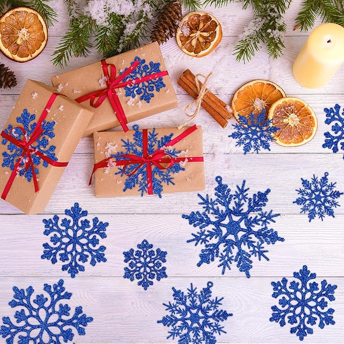 36pcs Christmas Navy Blue Snowflake Ornaments Plastic Glitter Snow Flakes Ornaments for Winter Christmas Tree Decorations Size Varies Craft Snowflakes