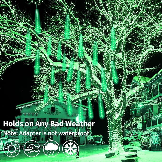 4 Pack Christmas Meteor Shower Rain Lights, 20-Inch 40 Tube 1440 LEDs Icicle Outdoor Raindrop Lights for Xmas, Halloween, Wedding, Party, Tree, Holiday Decoration, Green