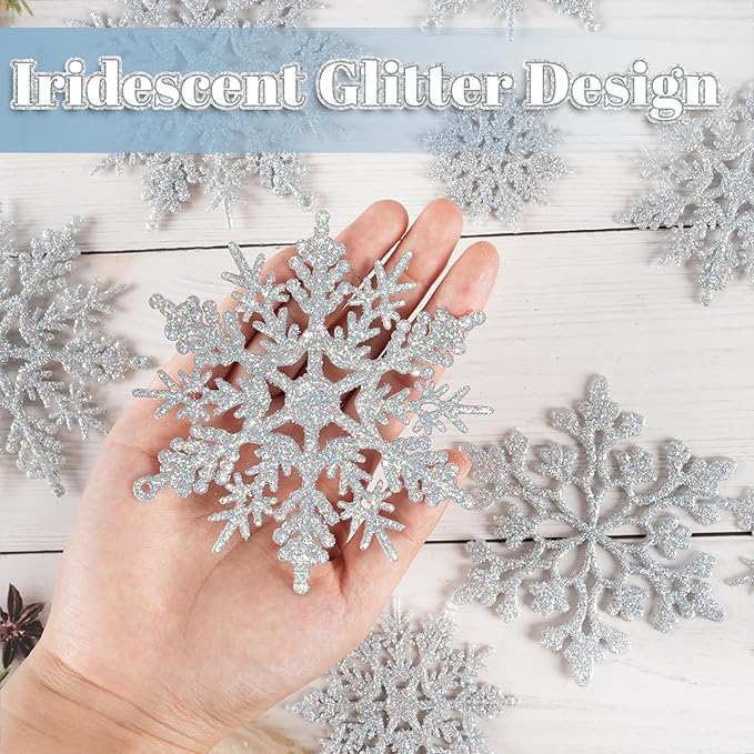 36pcs Iridescent Silver Christmas Snowflake Ornaments, Plastic Sparkling Glitter Hanging Snow Flakes for Christmas Tree Decorations Winter Wonderland Frozen Birthday Party Holiday Home Decor
