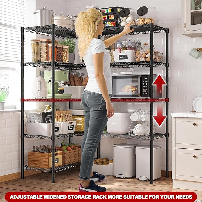 REIBII 5 Tier Wire Shelving Storage Shelves Loads 1430LBS, 58" W Metal Shelving Unit for Storage Adjustable Heavy Duty Garage Shelving Pantry Shelves Kitchen Shelving, Black, 2 Pack