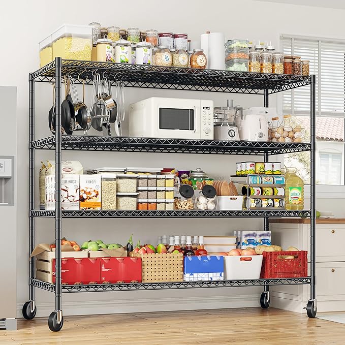 REIBII 75.6" H Storage Shelves Wire Shelving Unit with Wheels 2500LBS Garage Shelving Heavy Duty Metal Shelves for Storage Rack Adjustable Pantry Shelf Commercial Shelving, 75.6" H X 55.5''W X 24" D