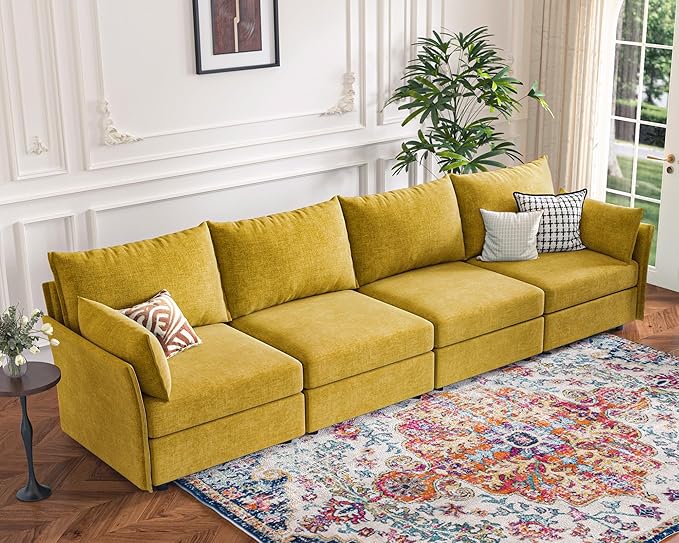 134.6" Modular Sectional Sofa, Oversized 4 Seater Couch with Removable Yellow Chenille Fabric Cover, Deep Seat & High Backrest for Living Room, Office & Apartment