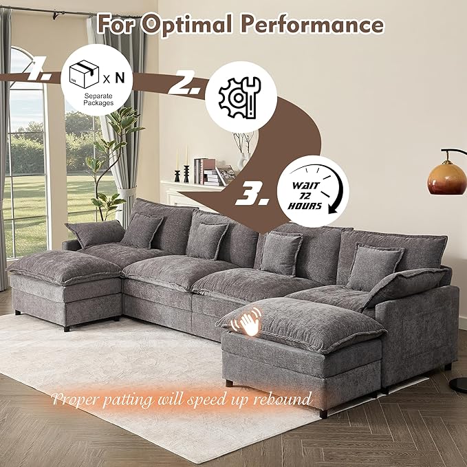 142.5" U Shaped Couch, Modular Sectional Sofa, 3-Seater Comfy Cloud Couch with Movable Ottoman, Deep Seat Couches for Living Room, Chenille, Slate