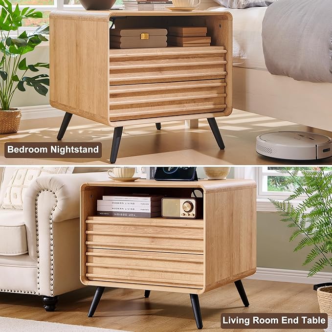 RedLemon 24" Nightstand Set of 2 with Charger Station, Mid Century Modern Fluted End Table with 2 Drawers, Wooden Side Table with Open Cubby Storage for Living Room, Bedroom, Office(Natural Oak)