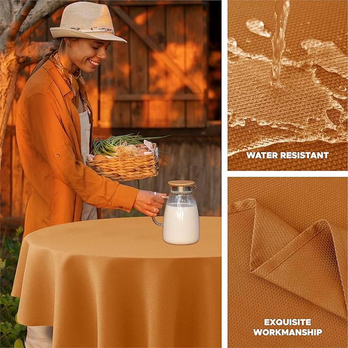 Biscaynebay Fall Tablecloth Textured Fabric Round Table Cloth 60" for Tables diameters from 28" to 48", Bronze Thanksgiving Autumn Harvest Water Resistant Fabric Table Cover for Kitchen, Dining, Party