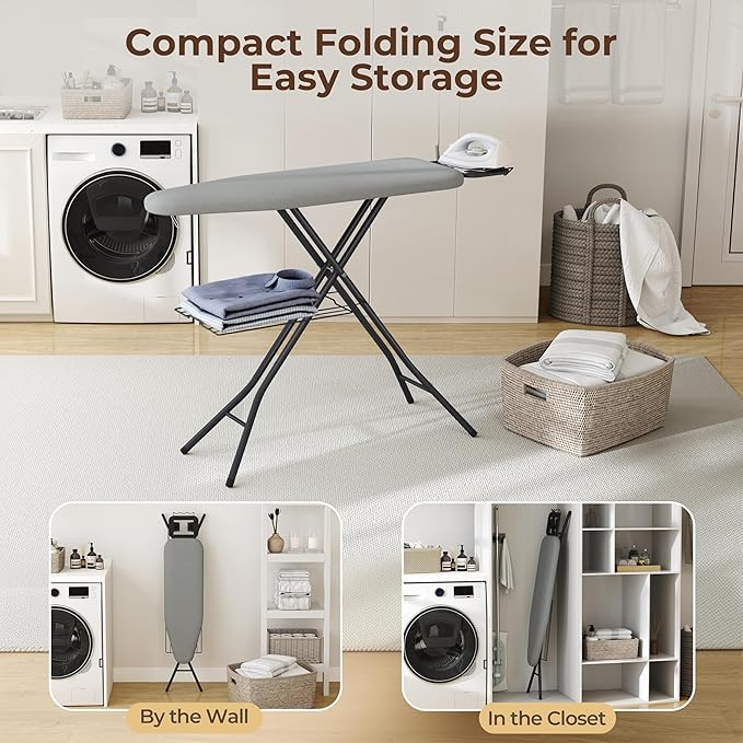 Yaheetech Ironing Board, Compact Iron Board with Cord Holder, Steam Iron Rest and Bottom Storage Tray, 9 Adjustable Heights & 3 Layer Cover, Folding Heavy Duty Ironing Board 52X14, Gray