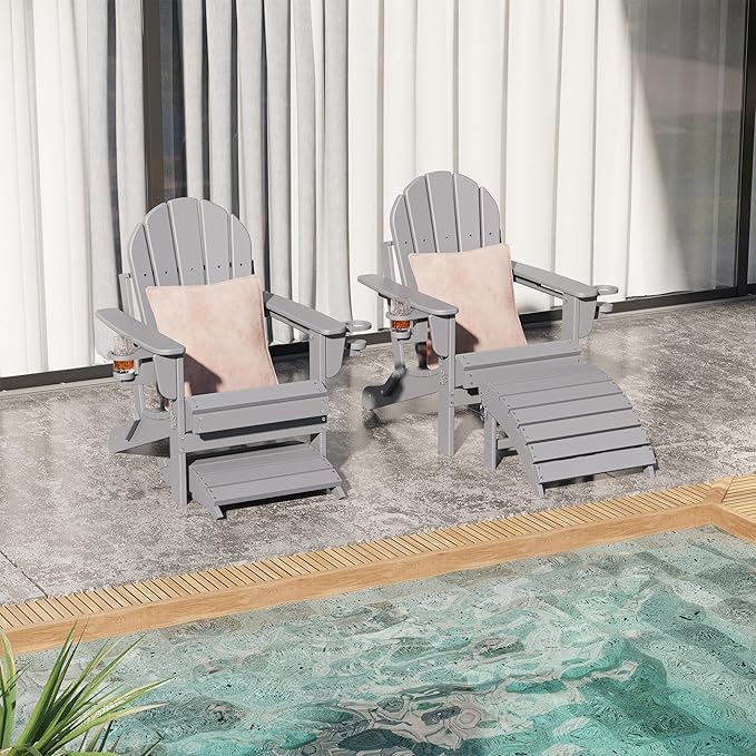 Sundale Outdoor Folding Plastic Adirondack Ottoman, All-Weather Adirondack Chair Footrest, Fade and Rust Resistant, Perfect for Outside Patio Garden Pool Yard Grey
