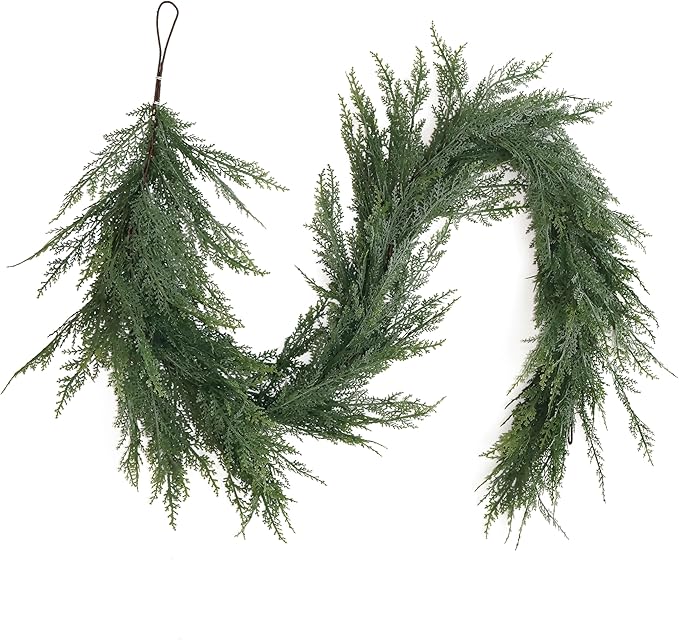 9FT Christmas Cedar Garland Full Real Touch Artificial Green Faux Cypress Realistic Pine Garland for Mantle Fireplace Table Home Decoraiton
