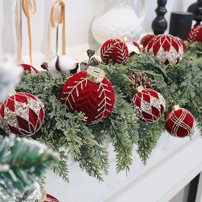 3.15INCH Burgundy Velvet Ornaments for Christmas Tree, 12PCS Glitter Flocked Christmas Ornaments Decorations Balls Set Decor