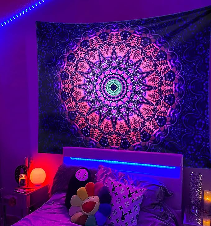 ADDWel Blacklight Mandala Boho Tapestry Glow In The Dark, Black Light Bohemian Hippie Poster Wall Hanging for Bedroom Aesthetic Wall and Room Decor (90" x 70", Mandala)