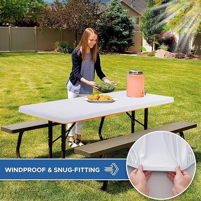 Fitted Tablecloth for 6 Foot Rectangle Tables-2 Pack White Elastic Outdoor Picnic Table Cover-Spandex Stretch Folding Table Cloths 6 ft for Camping Dining Room Patio Kitchen Banquet Party