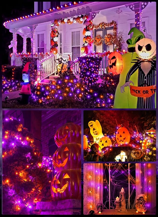 Minetom Halloween Solar Lights Outdoor - 4 Pack Total 160FT 400 LED Halloween String Lights with 8 Lighting Modes, IP65 Waterproof Solar String Lights for Outside Tree Party