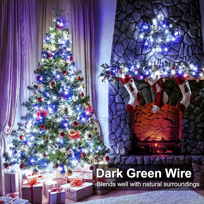 Christmas Lights Outdoor, 100FT 300 LED Christmas Tree Lights with 8 Modes Waterproof, Connectable Green Wire Twinkle Tree Lights for Indoor Patio Garden Party Decorations, Blue White