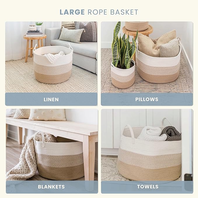 OrganiHaus Extra Large Blanket Basket for Living Room 20x13, Natural Cotton Rope Laundry Basket, Sturdy Hamper for Toy Storage, Cushions & Pillows Storage Bin, Nursery Decor Hamper - Honey