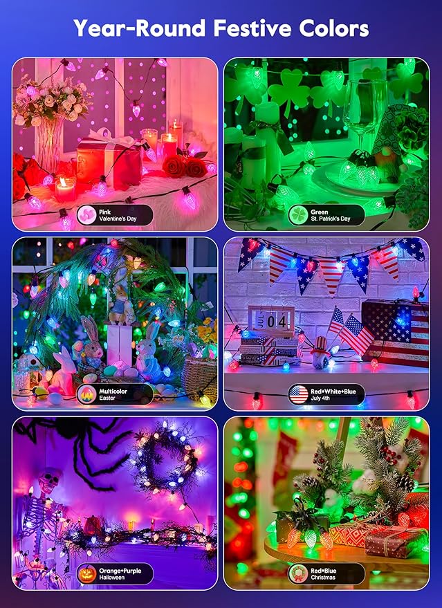 Brightown Smart C9 Christmas Lights Outdoor, 100 LED RGB C9 String Light with Remote, App Control, Music Sync, Connectable Waterproof Christmas Lights for House Tree Patio Holiday Xmas Decor