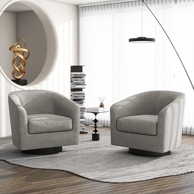 Swivel Barrel Accent Chair, Modern Round Linen Arm Chair for Living Room, Bedroom, Comfy Club Reading Chairs for Adults(Linen Fabric, Khaki, Set of 1