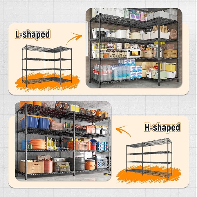 REIBII 81.5''W Storage Shelves 3680LBS Garage Shelving Heavy Duty 4 Tier Metal Shelving Unit Adjustable Wire Shelf and Storage Pantry Shelves for Kitchen Garage,81.5Wx23.62Dx70.86H,Black