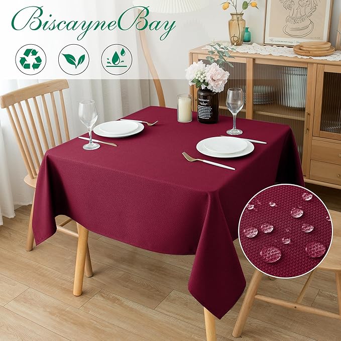 Biscaynebay Textured Fabric Christmas Square Table Cloth 70x70 Inch, Burgundy Water Resistant Tablecloths for Dining, Kitchen, Wedding, Parties etc. Machine Washable