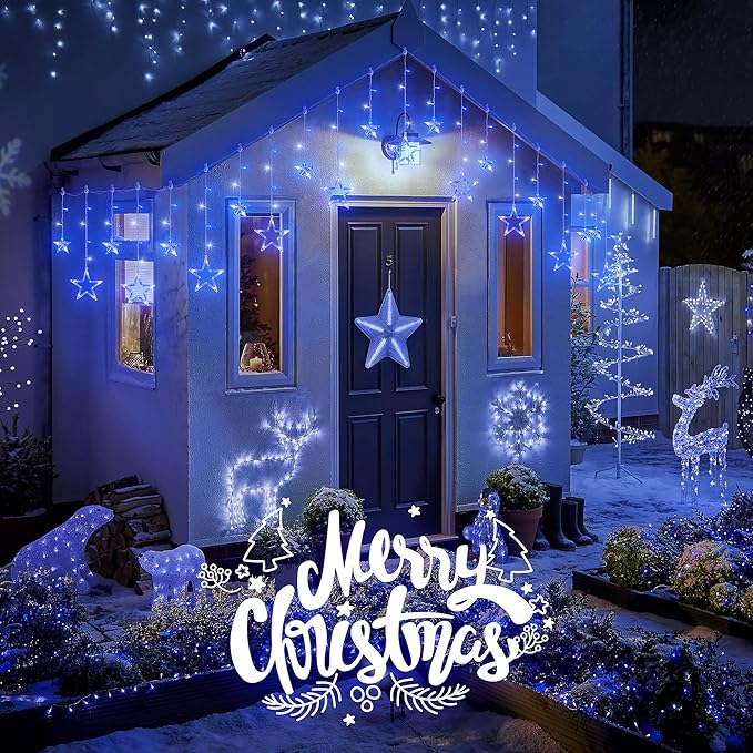 126L Blue White Christmas Star Icicle Lights, 8.2FT Clear Curtain Fairy String with Connectable, Timer 8 Modes Memory, Waterproof Hanging for Eaves, Party, Wedding Indoor Outdoor Decorations