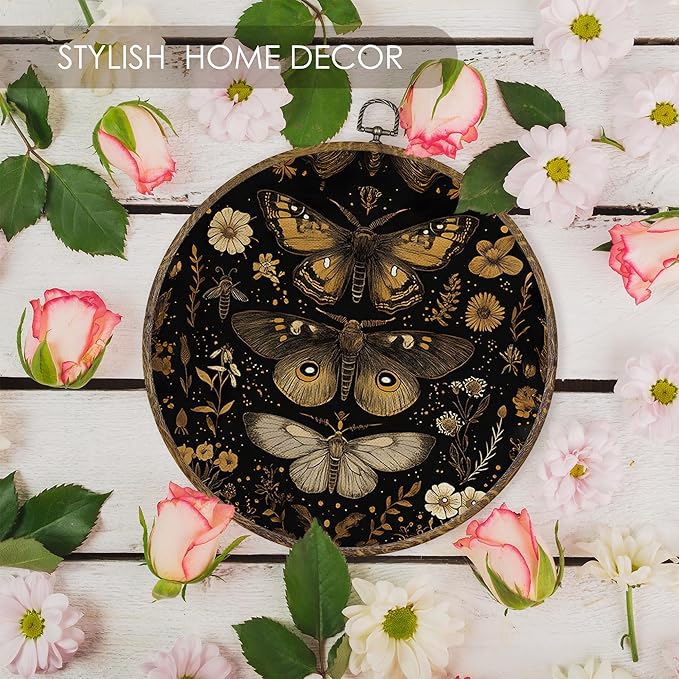 Fewgb Black Gothic Moth Round Wall Art Decor Framed for Gallery Bedroom Living Room Bathroom, Dark Witchy Butterfly Flower Canvas Wall Art Prints Picture, Moody Floral Hanging Room Decor Artwork 10x10