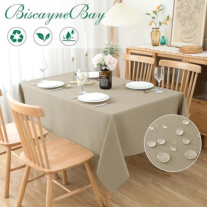 Biscaynebay Textured Fabric Tablecloths 52x70 Inches Rectangular, Natural Water Resistant Tablecloths for Dining, Kitchen, Wedding, Parties etc. Machine Washable