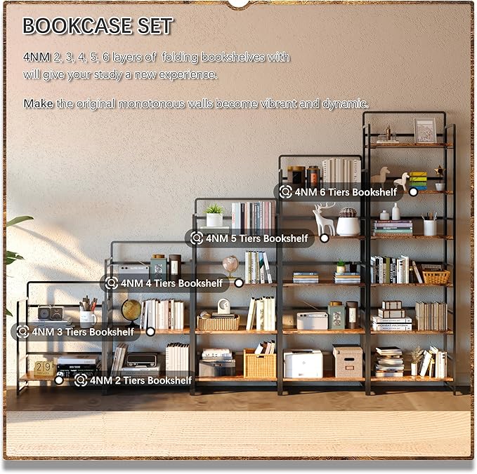 4NM 2 Tiers No-Assembly Folding Bookshelf with Wheels, Portable Rolling Storage Bookcase & Compact Side Table for Living Room, Bedroom, Kitchen, Bathroom (Rustic Brown and Black)