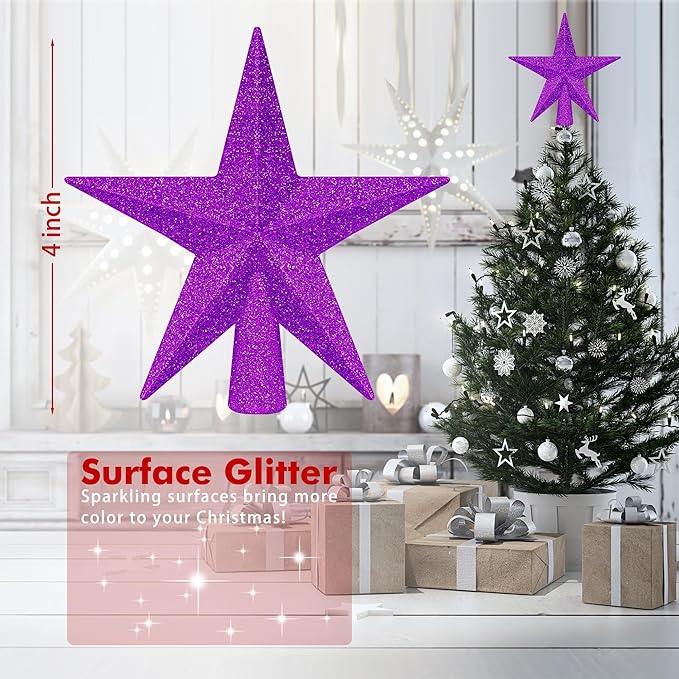 1PCS Christmas Tree Star Topper, Purple 4" Xmas Tree Topper Decorations, Glitter Shatterproof Mini Bethlehem Star Tree Decor, Waterproof Star Tree Topper for Christmas Holiday Indoor/Outdoor Ornament